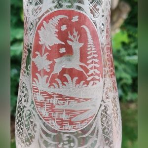 Antique Bohemian Vase Cranberry Red to Clear Cut Etched Motifs